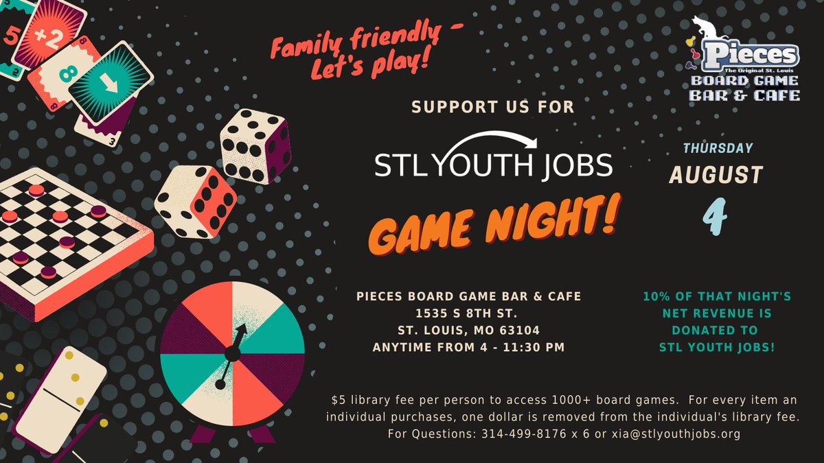 Today's the day! Join <a href="/StlYouthJobs/">STL Youth Jobs</a> on Thursday August 4 from 4-11:30pm at <a href="/PiecesSTL/">Pieces STL</a>. Pieces will donate 10% of all proceeds that night to STL Youth Jobs. Spread the word and help support our job seekers! #stlyouthjobs #piecesstl #piecessoulard #supportus #gamesandfun