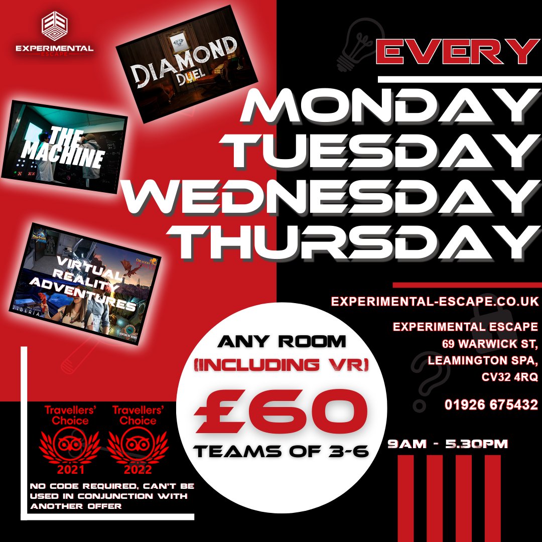 ExperimentalEsc's tweet image. We&apos;ve got your affordable but still AMAZING summer holiday activity sorted with our fantastic offer!! Keep the kids (and parents) entertained this summer!
Book now - experimental-escape.co.uk/games/booking
@Covhour #COVHOUR