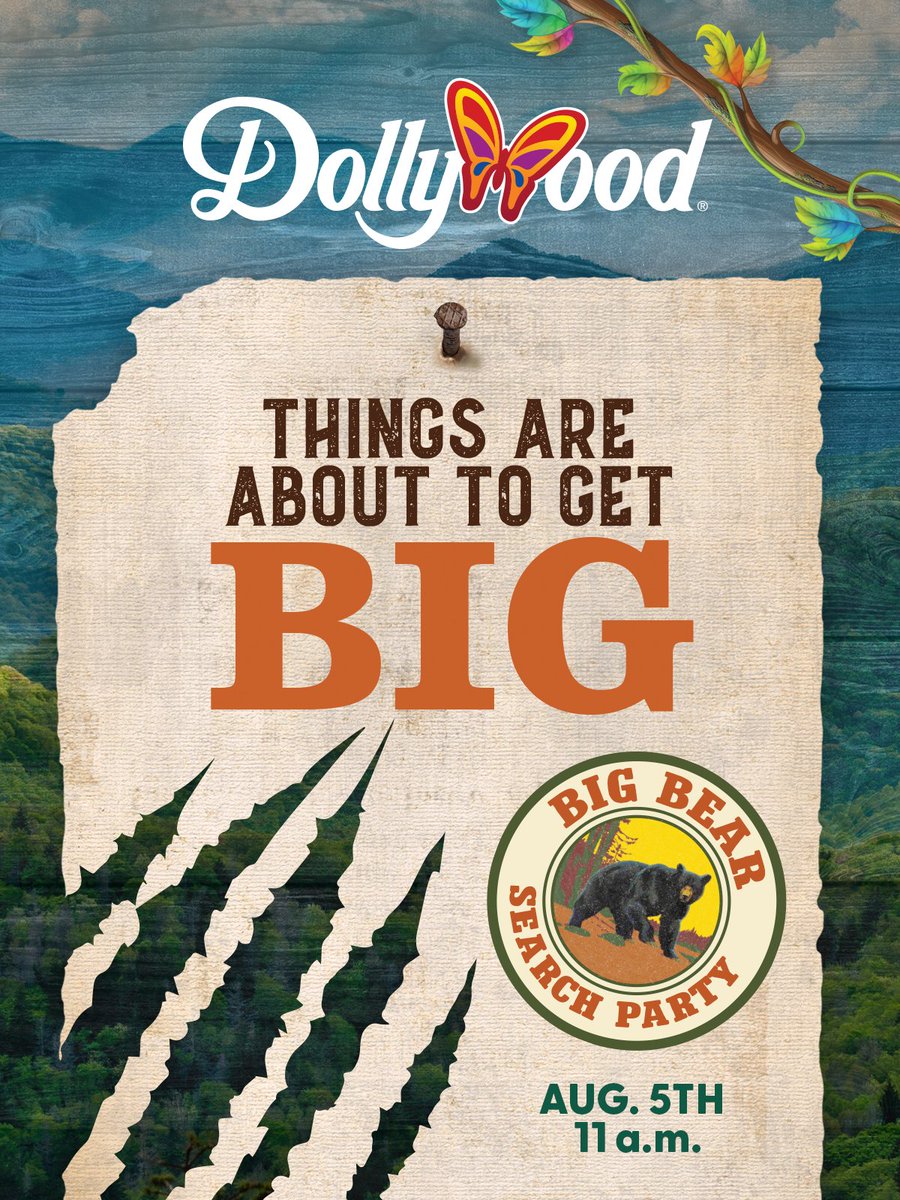 Dollywood's tweet photo. With all our Big Bear research from Ned Oakley compiled, we're ready to prove that Big Bear is real. Join us on Facebook tomorrow at 11 a.m. ET to see how BIG this bear really is. https://t.co/kiuwEBgUml