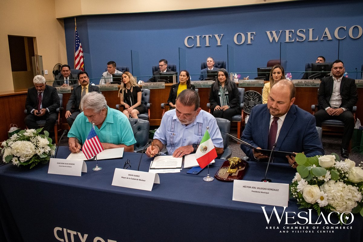 WeslacoChamber's tweet photo. We Welcome Rio Bravo to Weslaco as our Sister City.   The signing agreement held this week welcomed leaders from Rio Bravo, Tamps, México &amp; encourages cultural awareness, partnerships, business, and tourism.   We look forward to working together. https://t.co/PJTtaP4KQ2
#weslaco https://t.co/LT4gMv2AUS