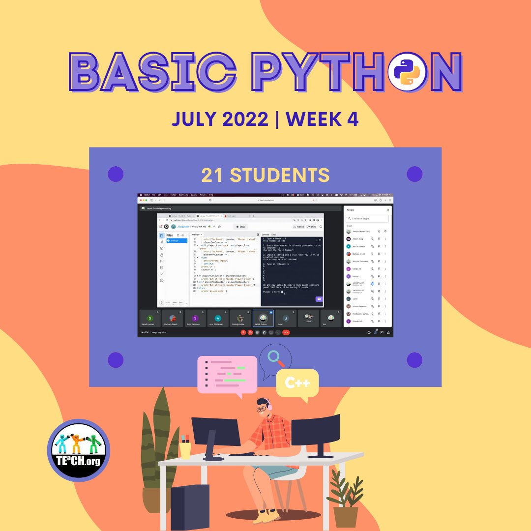 teachtechorg's tweet photo. We had a great turnout of 21 students from around the world at week 4 of the Virtual Basic Python class! ⁠Click here 👉🏾 https://t.co/7OQ7V9p4Vb if you want more info on virtual classes! 🤓
⁠
#python #coding #learnpython #programming #elearning #Freeeducation #pythonstudent #win https://t.co/KuEgq2BM2M