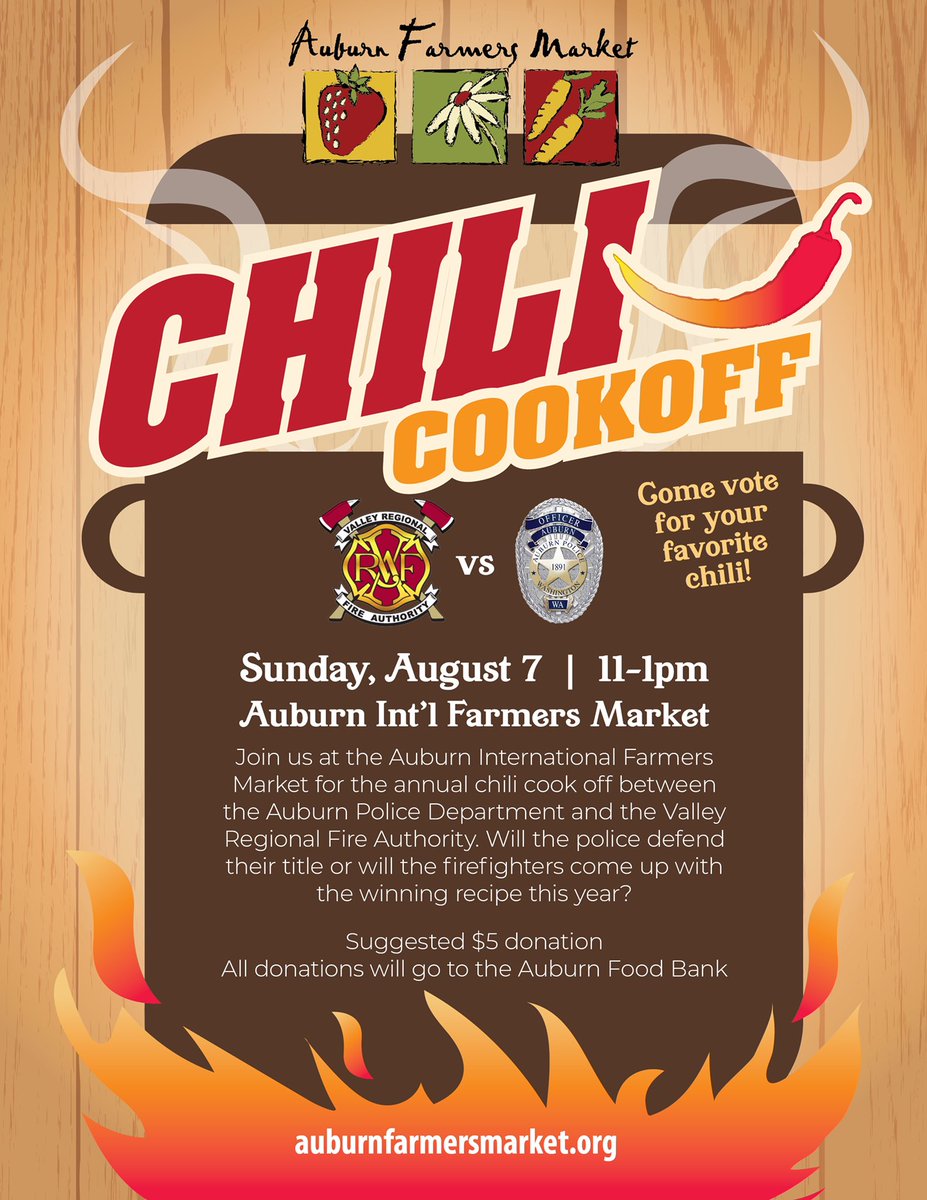 AuburnWAPolice's tweet photo. For the first time since 2019, the Chili Cookoff is back!
Come join us this Sunday and enjoy some delicious chili. It’s important to note, APD is coming off back to back wins in 2018 and 2019. This year, we hope to make it a 3-peat! #ChiliCookoff #APD #VRFA #Auburn https://t.co/YDb5oqI2By