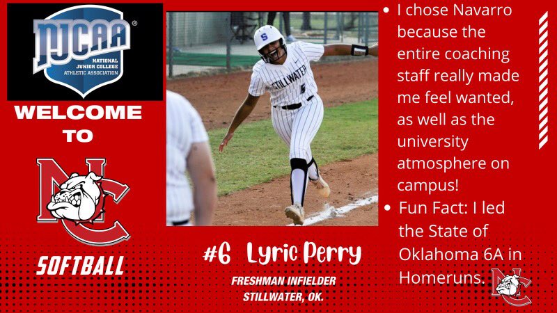 Let’s give a big Tx welcome to our next incoming freshman from Stillwater, Oklahoma Lyric Perry. <a href="/LyricPerry3/">Lyric Perry</a> is a power hitting, savvy infielder who will provide power and energy to our lineup. <a href="/NavarroSports/">NavarroSports</a> <a href="/NCBulldogsAD/">Michael Landers</a> #Dawgs23 #ItsAGreatDay2BeABulldog