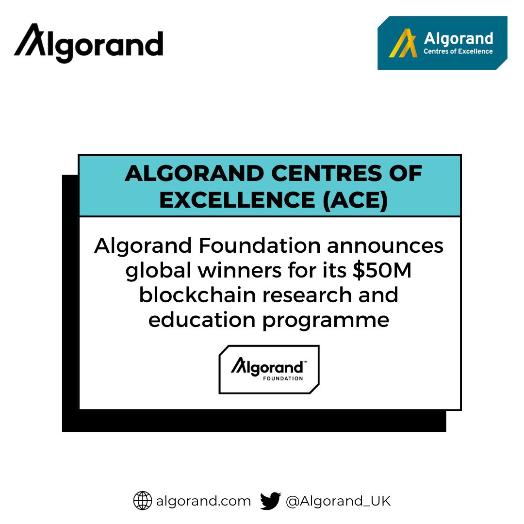 Algorand_UK's tweet photo. Congratulations to the inaugural winners of the Algorand Centres of Excellence programme! 10 multidisciplinary teams from top universities and research institutions from around the world qualify for the five-year programme. https://t.co/N6NpHvqMXi