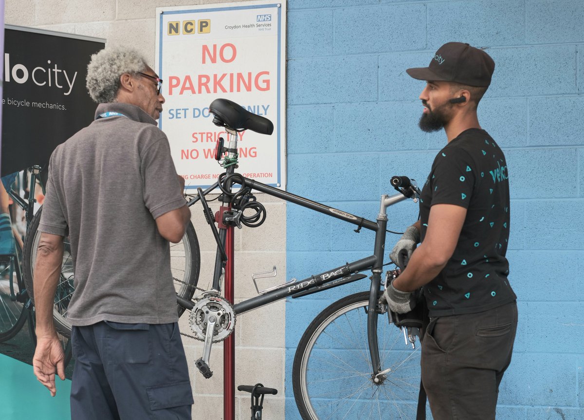 croydonhealth's tweet photo. Free bike tune-ups for our staff on this #CycleToWorkDay.🚴🏽‍♂️Supported by our @HereForCroydon charity and our wellbeing #SummerSessions22.👍🏽 If you're @croydonhealth staff and missed it, 'saddle up' as it's back next Wednesday! With thanks to our ace mechanic from @_VeloCityLondon https://t.co/2dePhcqSq5