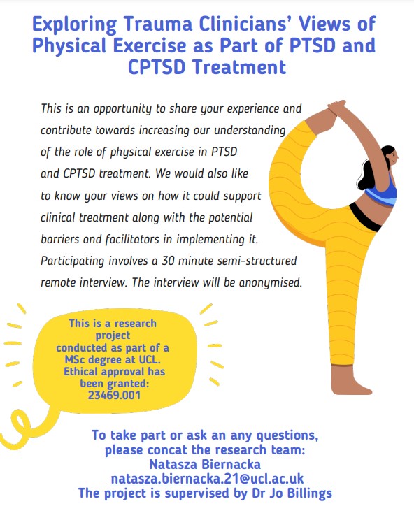Trauma colleagues...can you spare 30 minutes to tell us about your views on physical exercise as part of treatment for PTSD and CPTSD? We're keen to hear from any clinicians regularly working with people with diagnoses of PTSD and/or CPTSD. Thank you for any retweets!