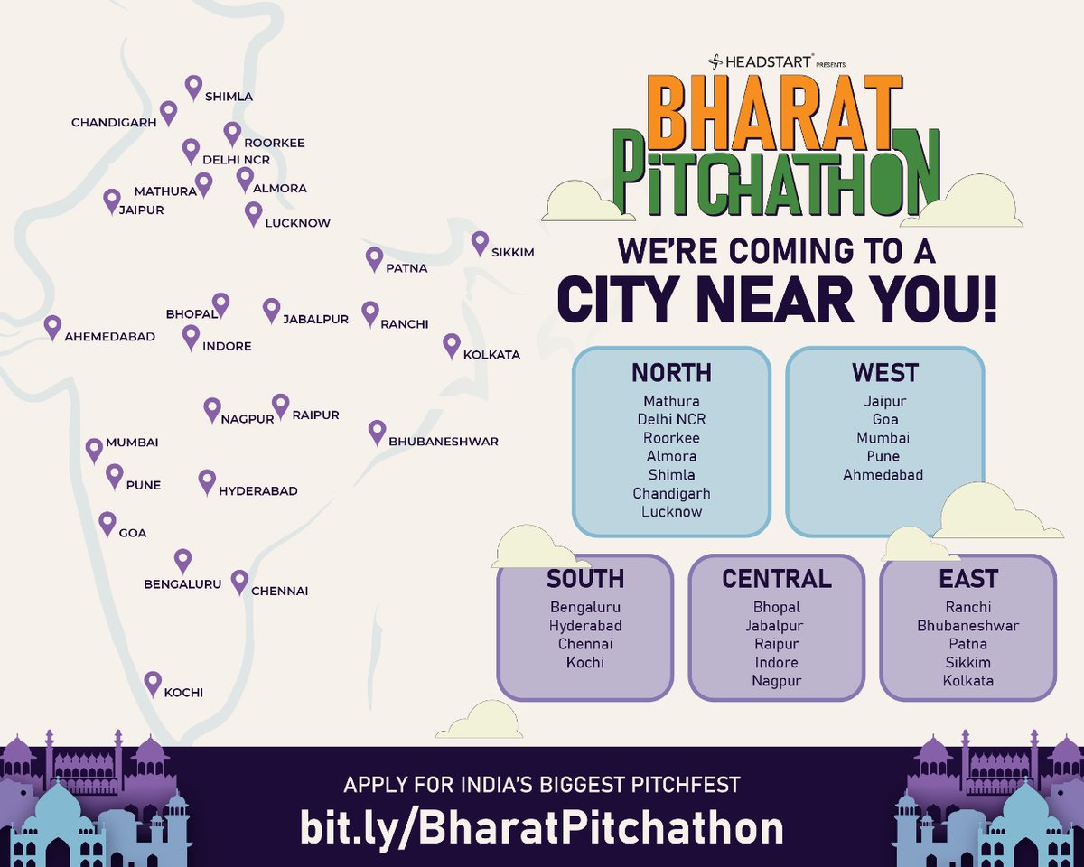 Headstarters's tweet photo. (1/2)
We are coming to 21 Cities across the country during August - September 2022

Building an early-stage startup in Bharat? 🔍 🧐

Bharat Pitchathon is an initiative by Headstart that aims to unearth the hidden gems in Bharat

Apply here  - https://t.co/qOgJb4PjBE https://t.co/5xvlc0rePI