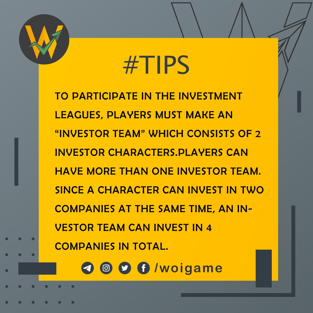 WOIGame's tweet photo. Here is a tip for you about WOI

TIPS #8

#P2E #Play2Earn #NFT #NFTGame #woi #wolfofinvestments https://t.co/yZ4xgL6wLb