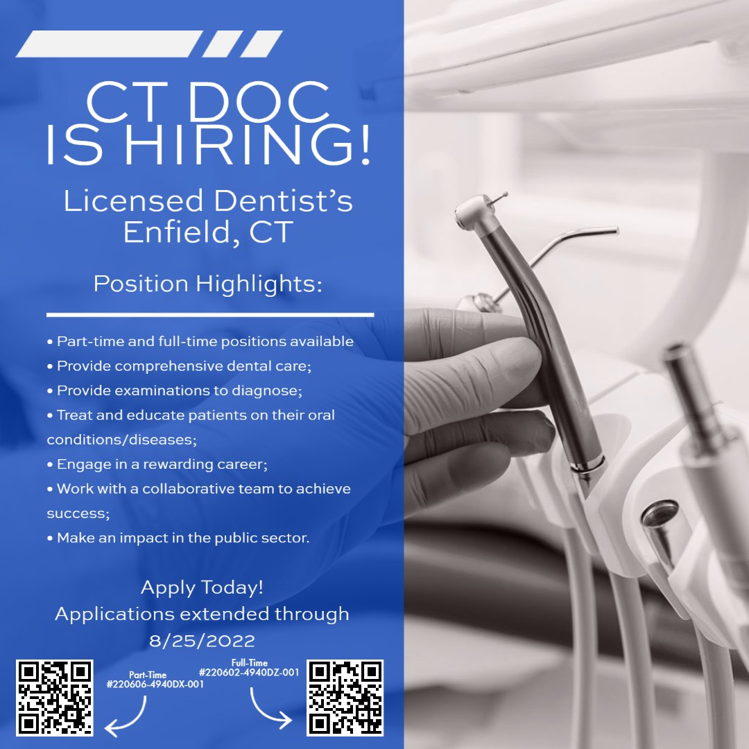 State Of CT Jobs (@ctstatejobs) on Twitter photo Come make a difference in the public sector as a Licensed Dentist for <a href="/CTCorrections/">Connecticut DOC</a>!
Our application deadline has been extended to 8/25/2022. Scan the QR code below to check out the fantastic benefits, meaningful work and work-life balance we can offer you today!
#MakeAnImpaCT Come make a difference in the public sector as a Licensed Dentist for <a href="/CTCorrections/">Connecticut DOC</a>!
Our application deadline has been extended to 8/25/2022. Scan the QR code below to check out the fantastic benefits, meaningful work and work-life balance we can offer you today!
#MakeAnImpaCT