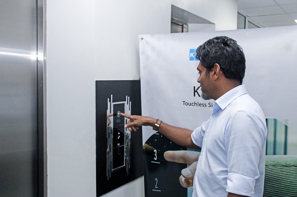 STOconstruction's tweet photo. We are delighted to present the first Touchless KONE elevator in Maldives at STO Trade Center. KONE touchless signalization makes your journey safer by reducing the need to touch surfaces. #KONE #KDS330 https://t.co/mQcPGFbET3