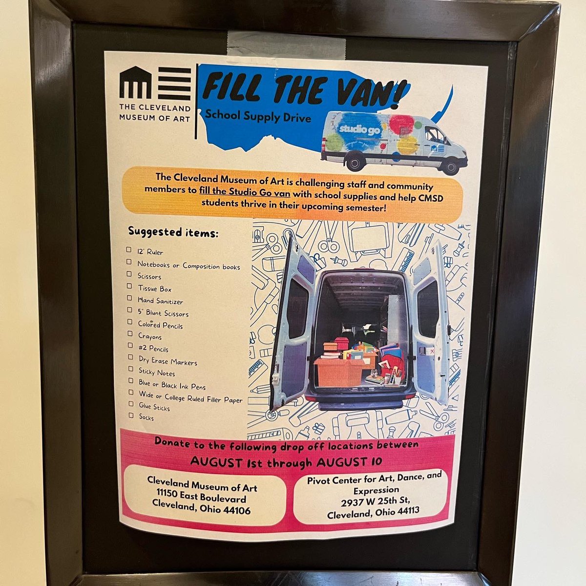 Community supply drive challenge!Challenging community to try and fill the Studio Go van with school supplies. From August 1st-10th donations can be dropped off in the colorful collection can located at the community arts center entrance @ @pivotartcenter (2937 West 25th) ✏️ 🎒