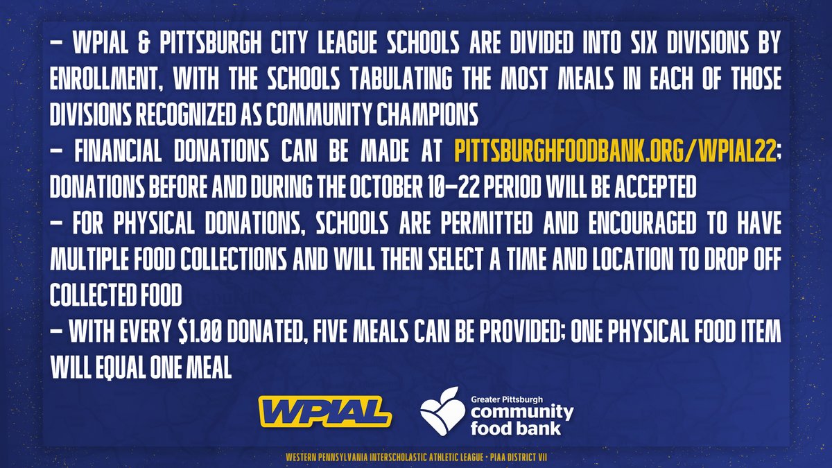 wpial7's tweet photo. We're pleased to announce that, in partnership with @PghFoodBank, we are hosting our second annual Food Drive this fall!

🗞️: https://t.co/CiKN00J1rs

#WPIAL | 💙💛 https://t.co/hQCIZcl856
