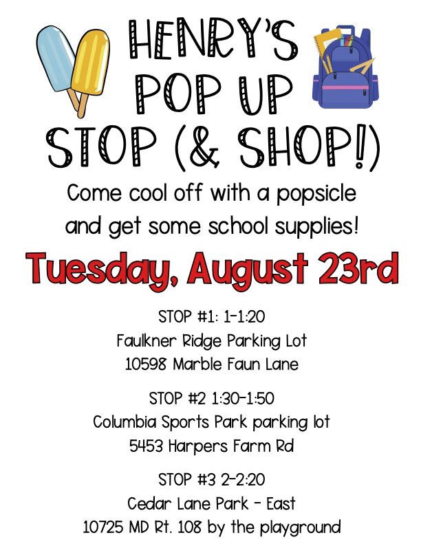 LoES has FREE school supplies available for students in preparation for the upcoming school year. Stop by one of our pop up locations next week...