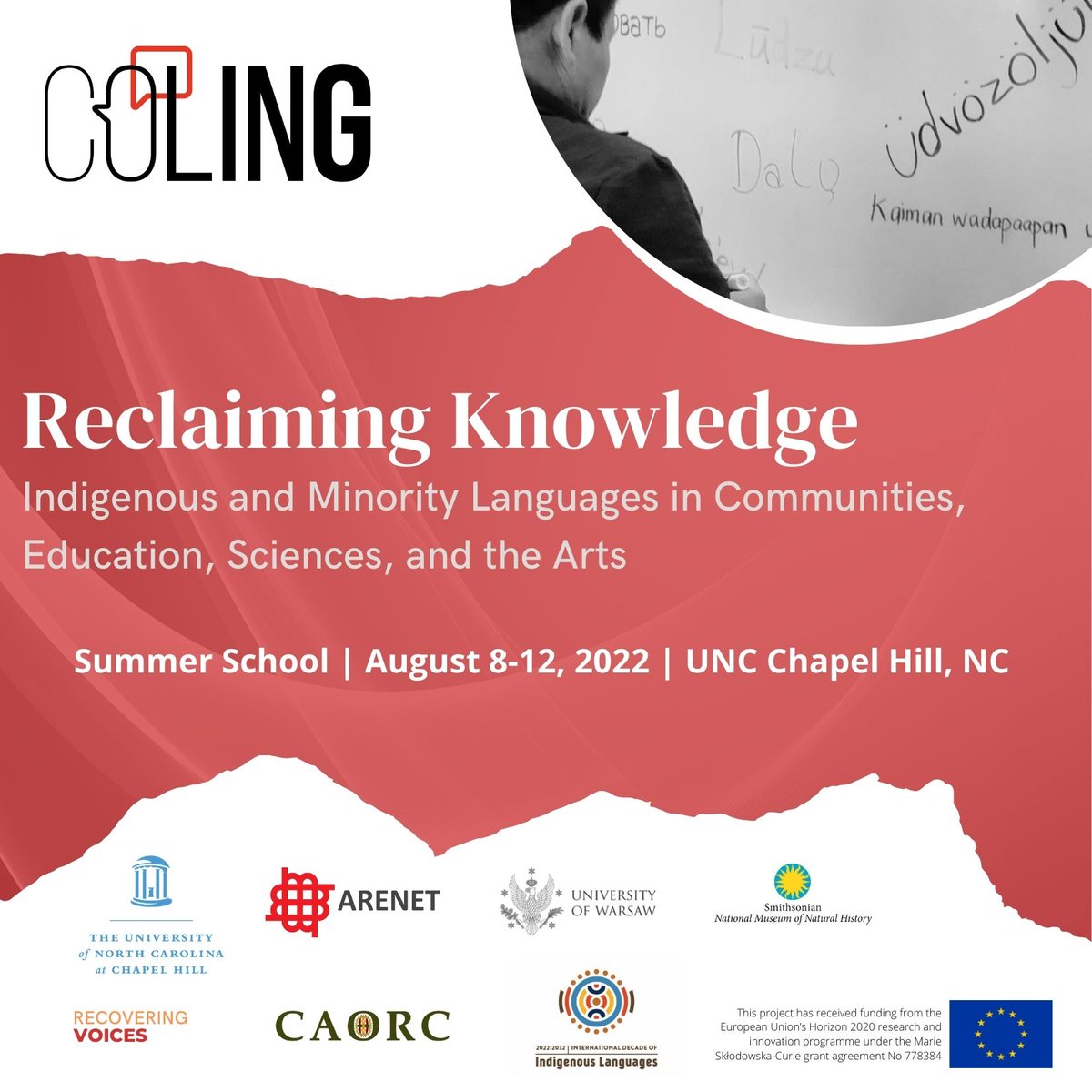 Join the #AmericasResearchNetwork and <a href="/CoLinguaProject/">CoLingua</a> for the "Reclaiming Knowledge: Indigenous and Minority Languages in Communities, Education, Sciences, and the Arts" Summer School at the <a href="/UNC/">UNC-Chapel Hill</a> from August 8-12, 2022!

#NoHayLenguaSinPueblos
#COLINGProject #CAORC #ARENET