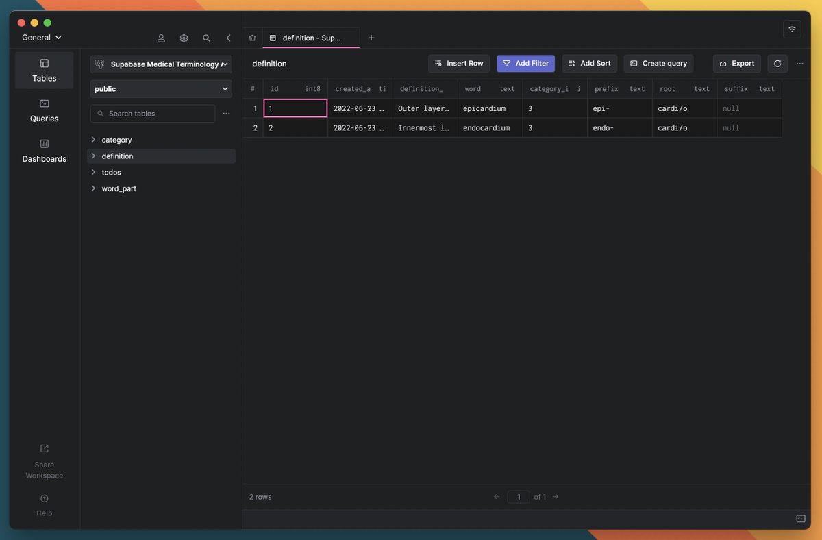 iamjonjackson's tweet photo. Thanks for your recommendations on PostreSQL clients.

Went with @getarctype... seems nice and lightweight ❤️

Here's me messing around with a @supabase database for a medical terminology app I'm building in @nextjs on @vercel for an academic spinout project I'm working on 🔥 https://t.co/MOWXIgGnQo