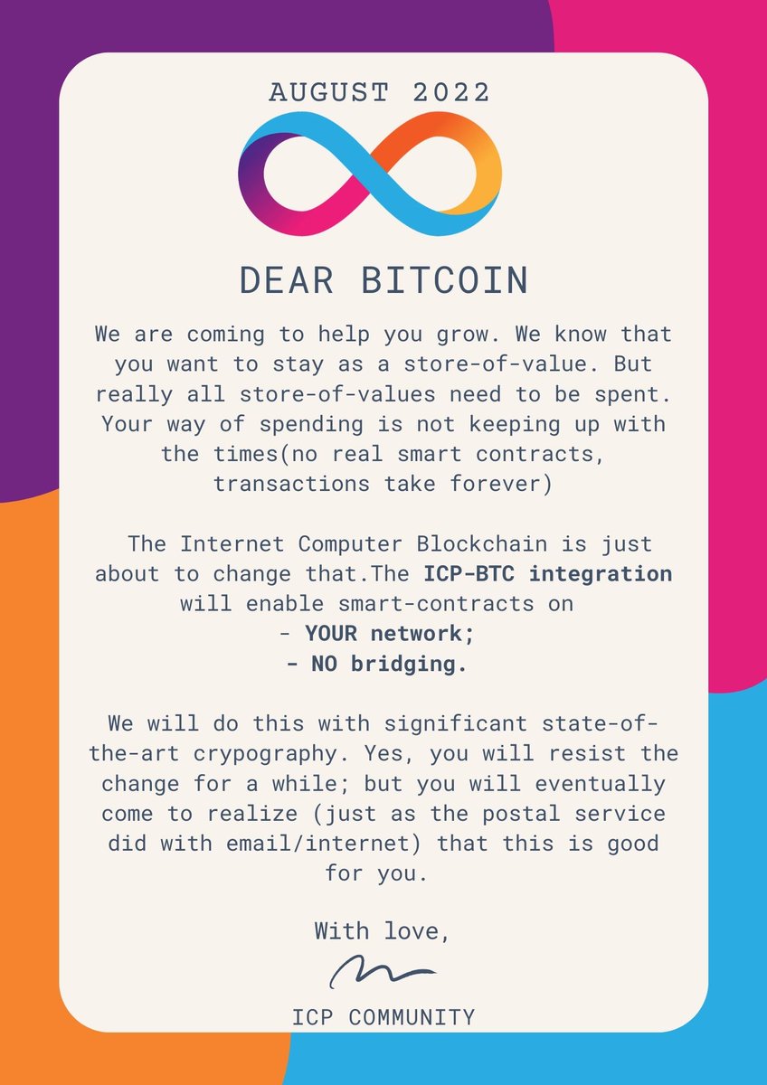 Dear #Bitcoin, you need help to keep up with the times. An open letter from the #ICP Community ⬇️

#BitcoinMaxis #Blockchain #Smartcontracts