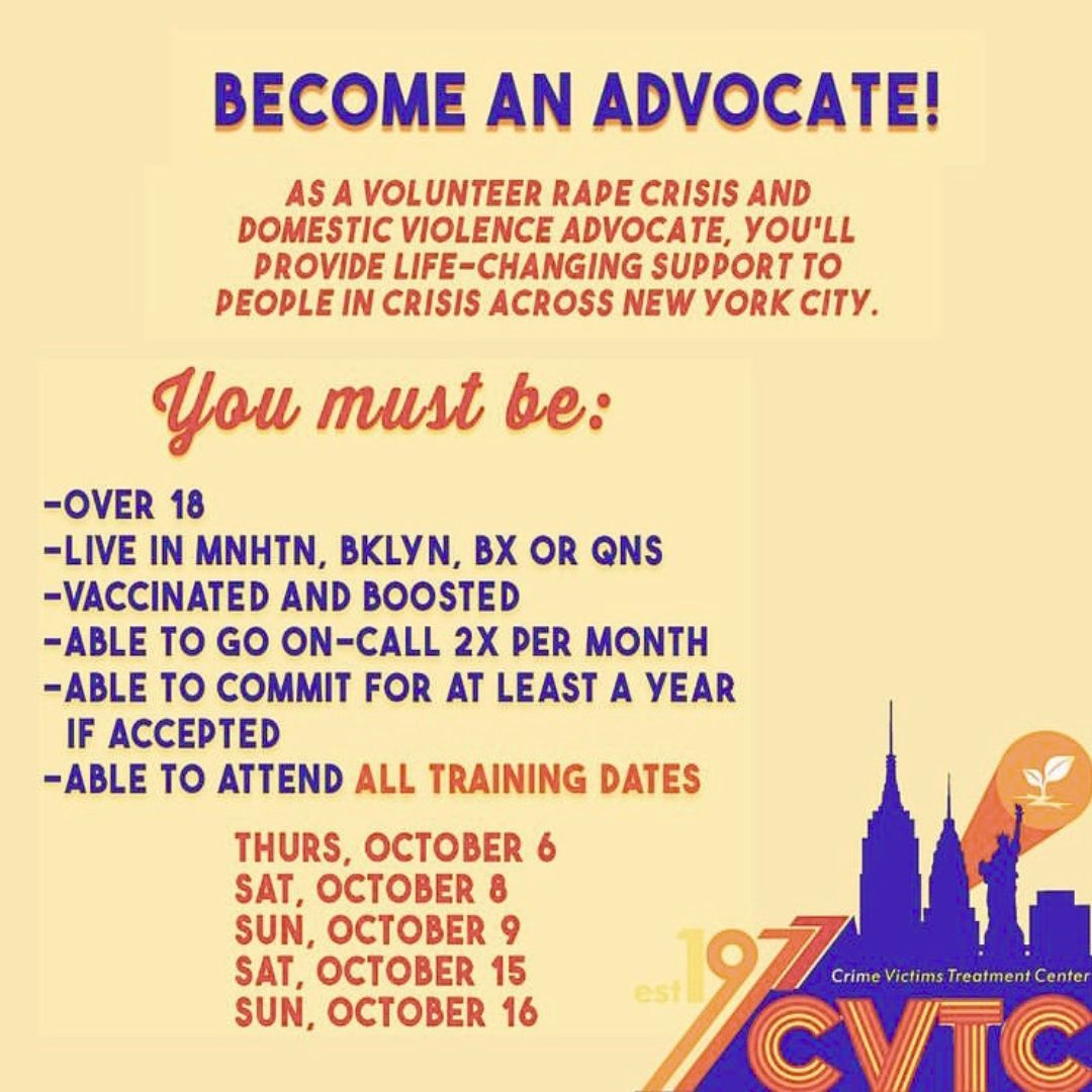 Our friends over at <a href="/cvtcnyc/">CVTC</a> are looking for rape crisis volunteers. Criteria is listed in the flyer and training is free! This is a wonderful opportunity to provide life changing support to people in crisis across #NewYorkCity #volunteer #communitycare