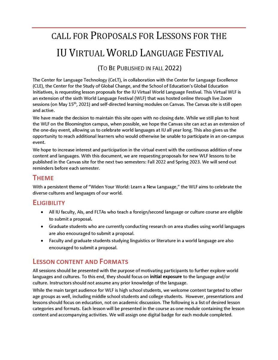 IU_GlobalCenter's tweet image. Call for Proposals for the IU Virtual World Language Festival  (Fall 2022 Publication Cycle)
The deadline is September 15, 2022. 

#Worldlanguagefestival #Publicationfall2022 #Learnnewlanguages #DiverseCulture #IUVirtual