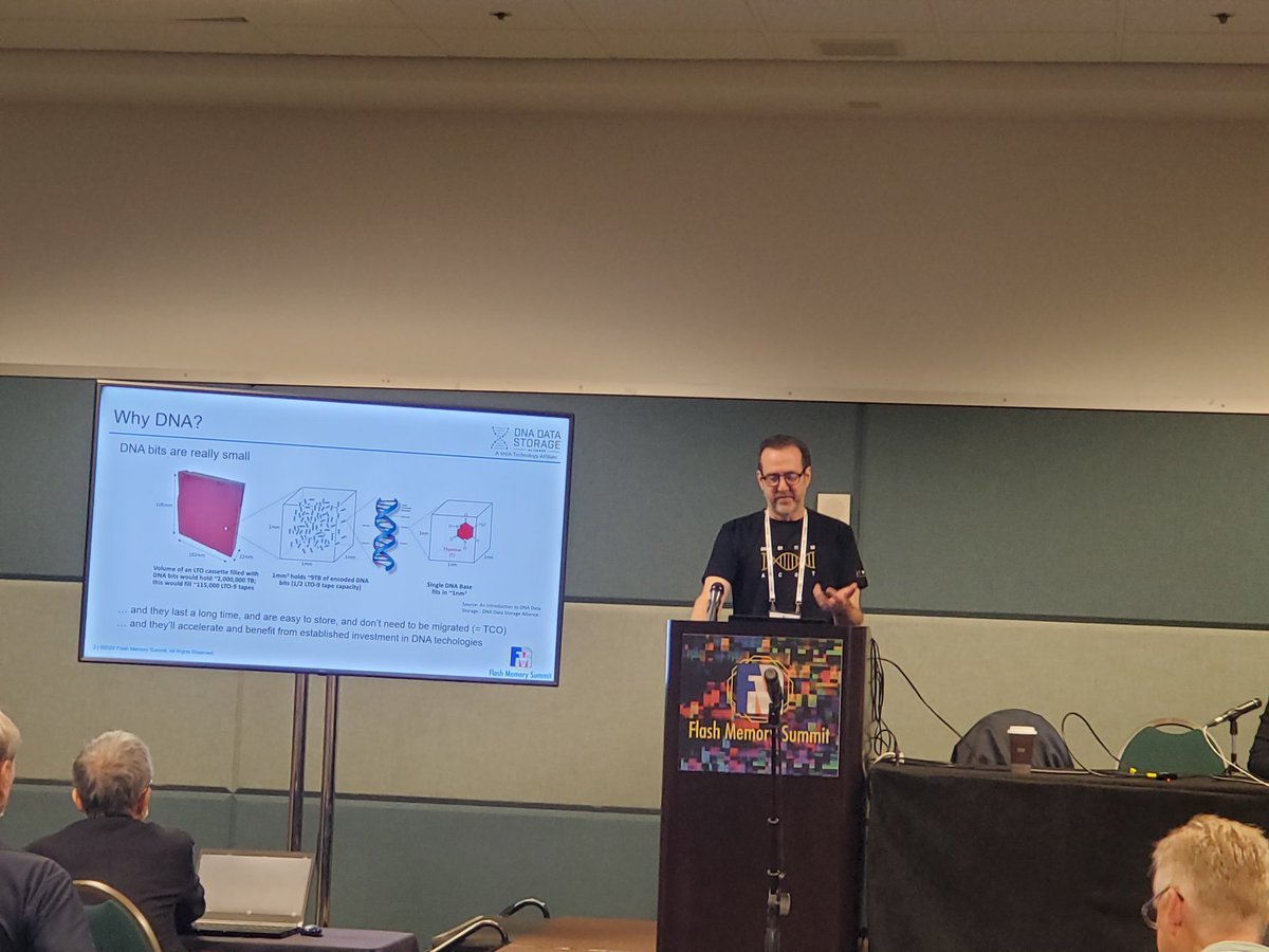 SNIA's tweet image. Day 3 of #FMS2022 kicks off with three SNIA tracks: Computational Storage in Ballroom G, Sustainability in Ballroom A, and the newest SNIA work area, DNA Data Storage in Great America 2. And visit us in Booth 725.