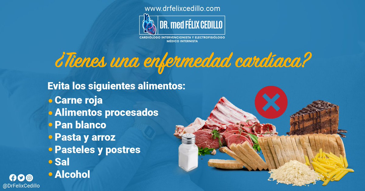 drfelix_cedillo's tweet photo. Si tienes una enfermedad cardíaca, la alimentación juega un papel muy importante y existen alimentos que es mejor evitar o reducir, casi al máximo por su alto contenido en grasa, azúcar y sal.

#DrFélixCedillo #Cardiólogo #EnfermedadCardíaca #Salud #Alimentación https://t.co/A6OB1Bw7iI