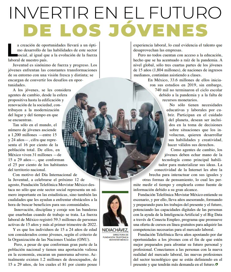 TelefonicaMX's tweet photo. Te invitamos a leer la columna de @nidiachavez Directora de @FTelefonicaMX "Invertir en el futuro de los jóvenes" en @VerdesEmpresas https://t.co/V2BbyVai7l