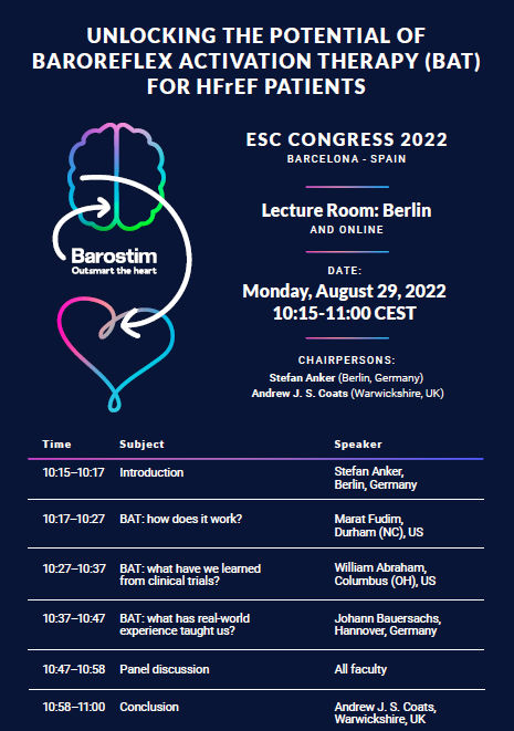 CVRx_Barostim's tweet photo. Save the date for a panel discussion at #ESCCongress about #Barostim on Aug. 29, 10:15-11 CEST. You'll learn about a new treatment option for #HFrEF patients from Drs. Stefan Anker, @FudimMarat, William Abraham, @JBauersachsMD, &amp; Andrew Coats.

#Cardiology #CardioTwitter https://t.co/Zlq0dyirxM