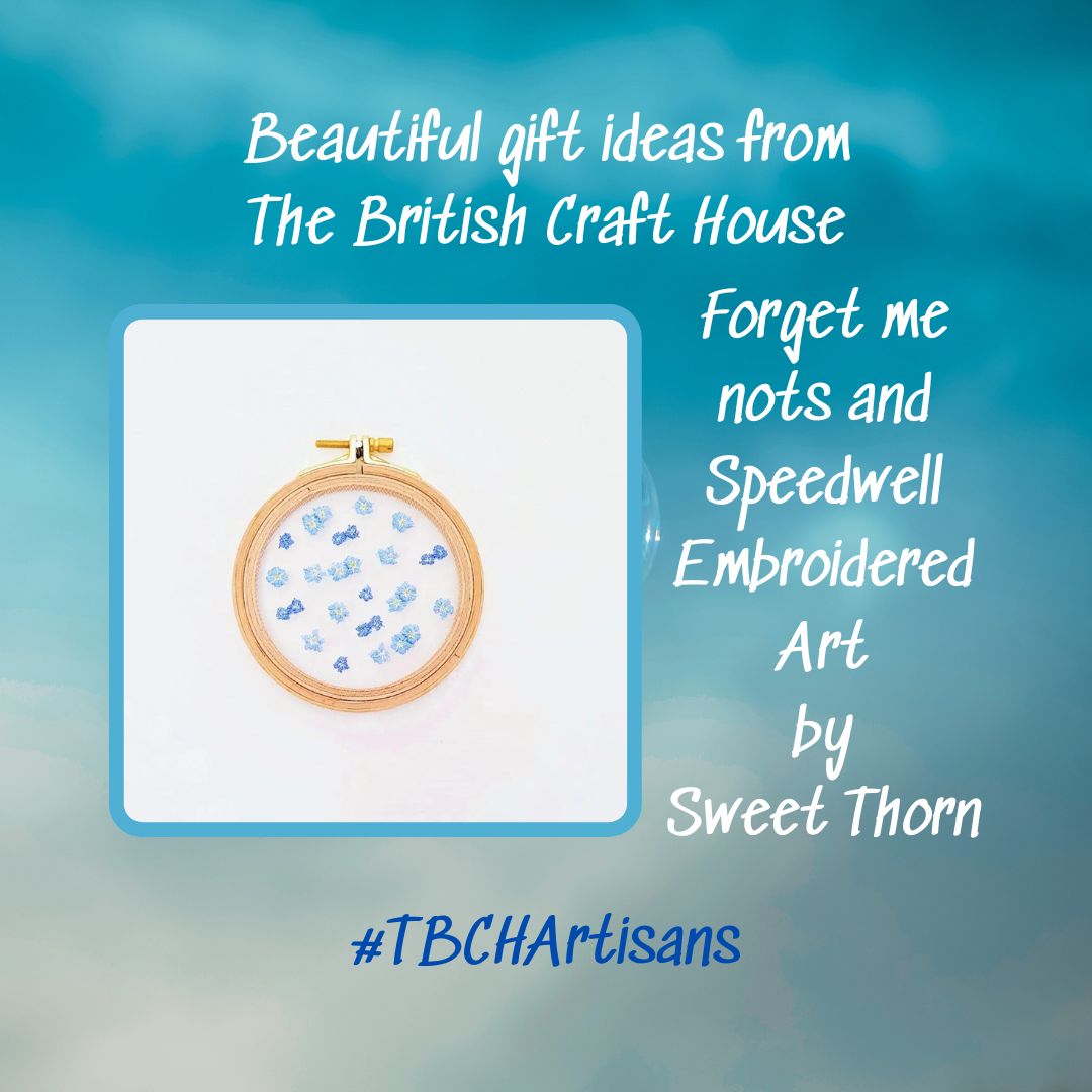 Forget me nots and Speedwell. Embroidery Hoop Art on Tulle by @SweetThornsew Tiny flowers stitched on tulle, for a beautiful transparent embroidery design - wildflowers float in a pretty cluster. An elegant gift for nature lovers, or delicate art for your own home. #tbchartisans