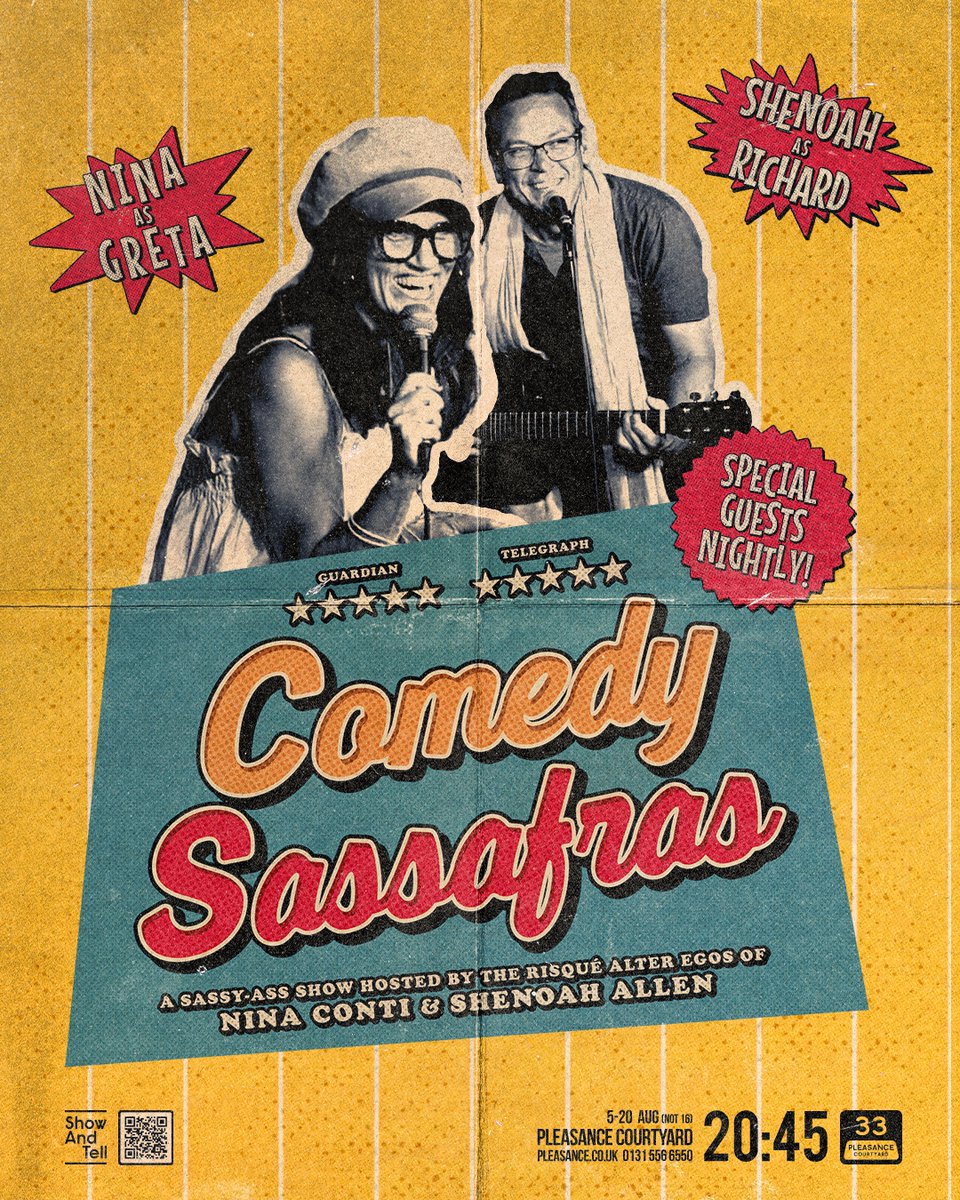 Show And Tell (@show_and_tell) on Twitter photo The sassiest show at #edfringe arrives tomorrow! <a href="/ninaconti/">Nina Conti🪼</a> and <a href="/ImShenoahAllen/">Shenoah Allen</a>'s are the 'delightfully filthy' duo <a href="/richardandgreta/">richardandgreta</a>
⭐️ Their guests include Sarah Kendall, <a href="/iamjackbarry/">Jack Barry</a>, <a href="/AniaMags/">Ania Magliano</a>, <a href="/chrisblisstwit/">Christopher Bliss</a>, <a href="/roisinandchiara/">roisinandchiara</a> & more
📌 8.45pm @pleasancecomedy The sassiest show at #edfringe arrives tomorrow! <a href="/ninaconti/">Nina Conti🪼</a> and <a href="/ImShenoahAllen/">Shenoah Allen</a>'s are the 'delightfully filthy' duo <a href="/richardandgreta/">richardandgreta</a>
⭐️ Their guests include Sarah Kendall, <a href="/iamjackbarry/">Jack Barry</a>, <a href="/AniaMags/">Ania Magliano</a>, <a href="/chrisblisstwit/">Christopher Bliss</a>, <a href="/roisinandchiara/">roisinandchiara</a> & more
📌 8.45pm @pleasancecomedy