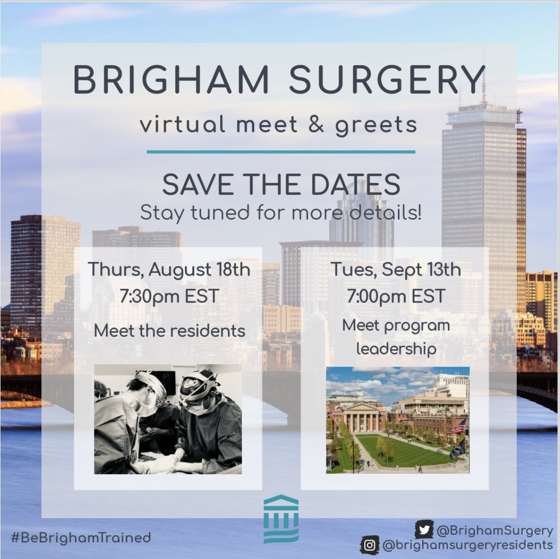Surgery applicants, interested in joining the #BrighamBunch? We welcome everyone to join us at our 2 virtual meet &amp; greets to hear what <a href="/BrighamSurgery/">Brigham and Women’s Department of Surgery</a> has to offer. Mark your calendars and sign up for sessions here: forms.gle/4LaybzBx7Nf3Hs… #BeBrighamTrained #gensurgmatch2023