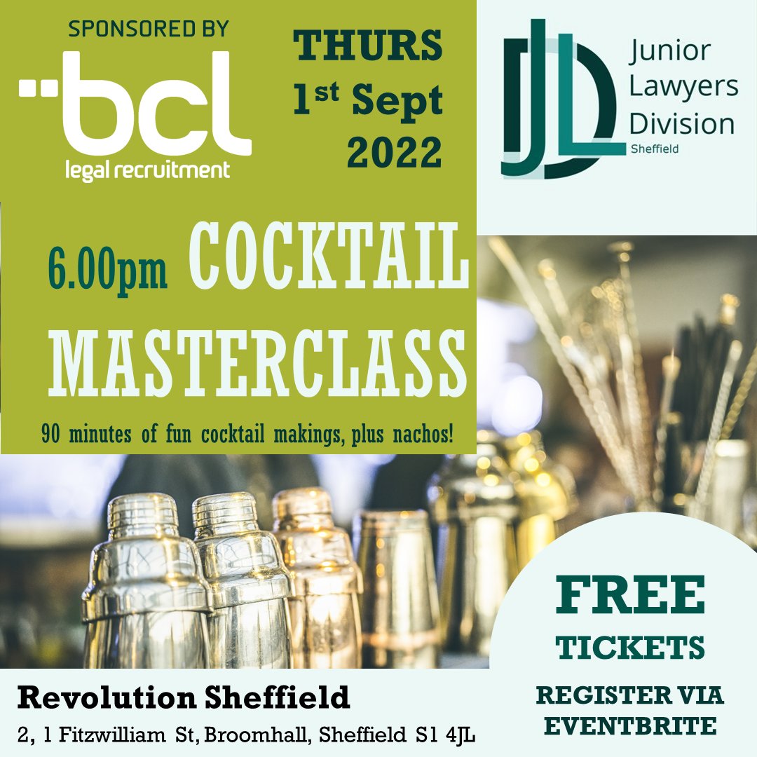 BCL's Declan Young looks forward to joining @SheffieldJLD in early September for this fantastic night of cocktail making at Revolution Sheffield! FREE Tickets available to Sheffield JLD members here: eventbrite.co.uk/e/sheffield-jl… #JuniorLawyers #Sheffield #Sponsors #CocktailMaking