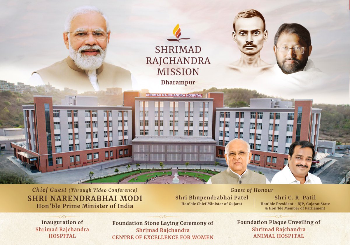 SRMDharampur's tweet photo. @narendramodi We welcome you to the inauguration of Shrimad Rajchandra Hospital, in presence of Pujya Gurudevshri Rakeshji. This 250-bed multi-specialty charitable hospital will provide advanced healthcare to the underprivileged rural population of South Gujarat.  #ModijiOpensSRH https://t.co/CeSTfo77he