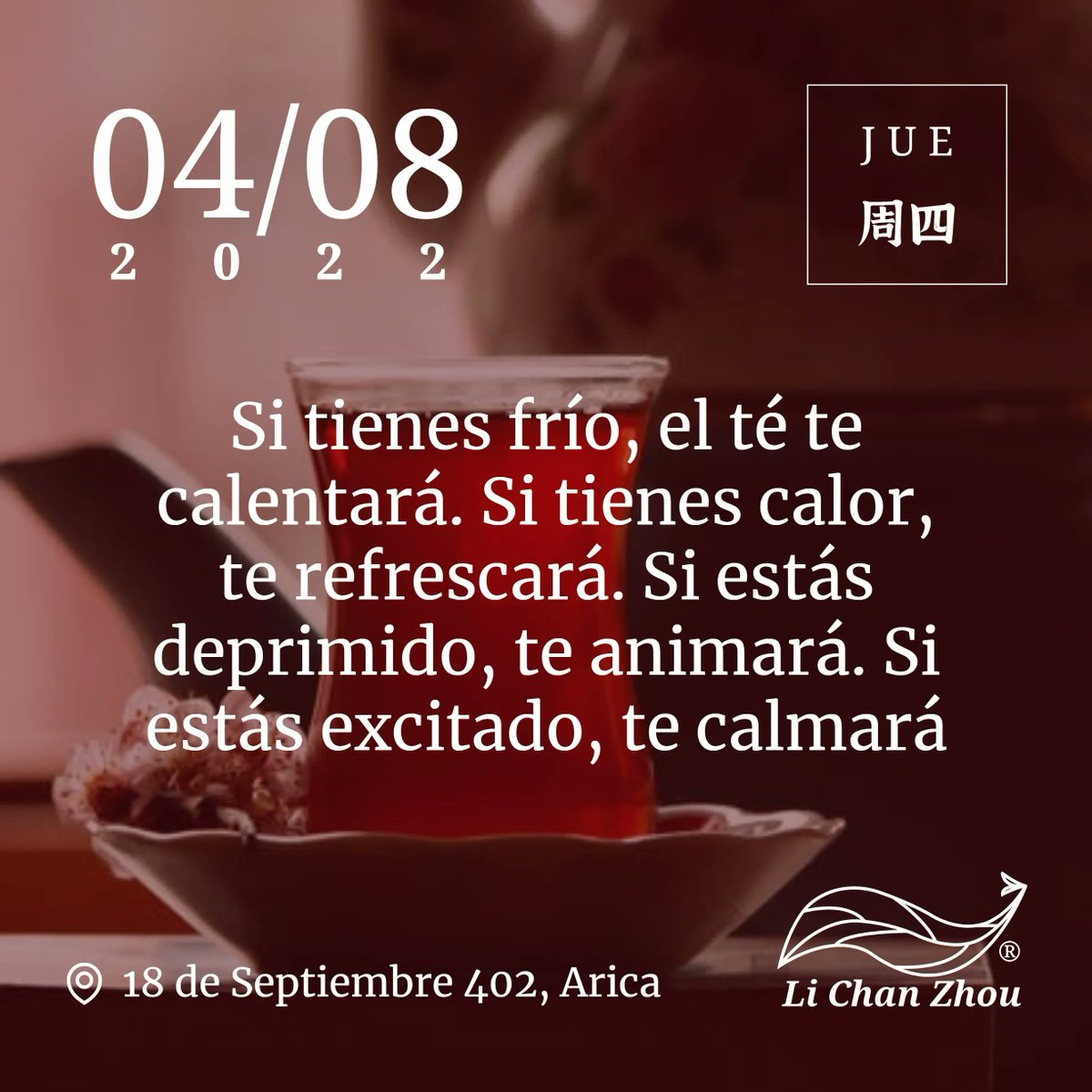 LiChanZhou's tweet photo. ¡Buenos días! ¿Sientes el frío? ¡Toma un tecito para calentarte! ❤️

Te esperamos de lunes a sábado
De 09:30 a 15:00 y de 17:00 a 20:00

📍18 de Septiembre 402, Arica
📞+56 58 223 1346 (WhatsApp)

#LiChanZhou #DisfrutaTé #Té #AmanteDelTé #LaHoraDelTé #FelicidadEnUnaTaza #Arica https://t.co/xBPm6YilPr