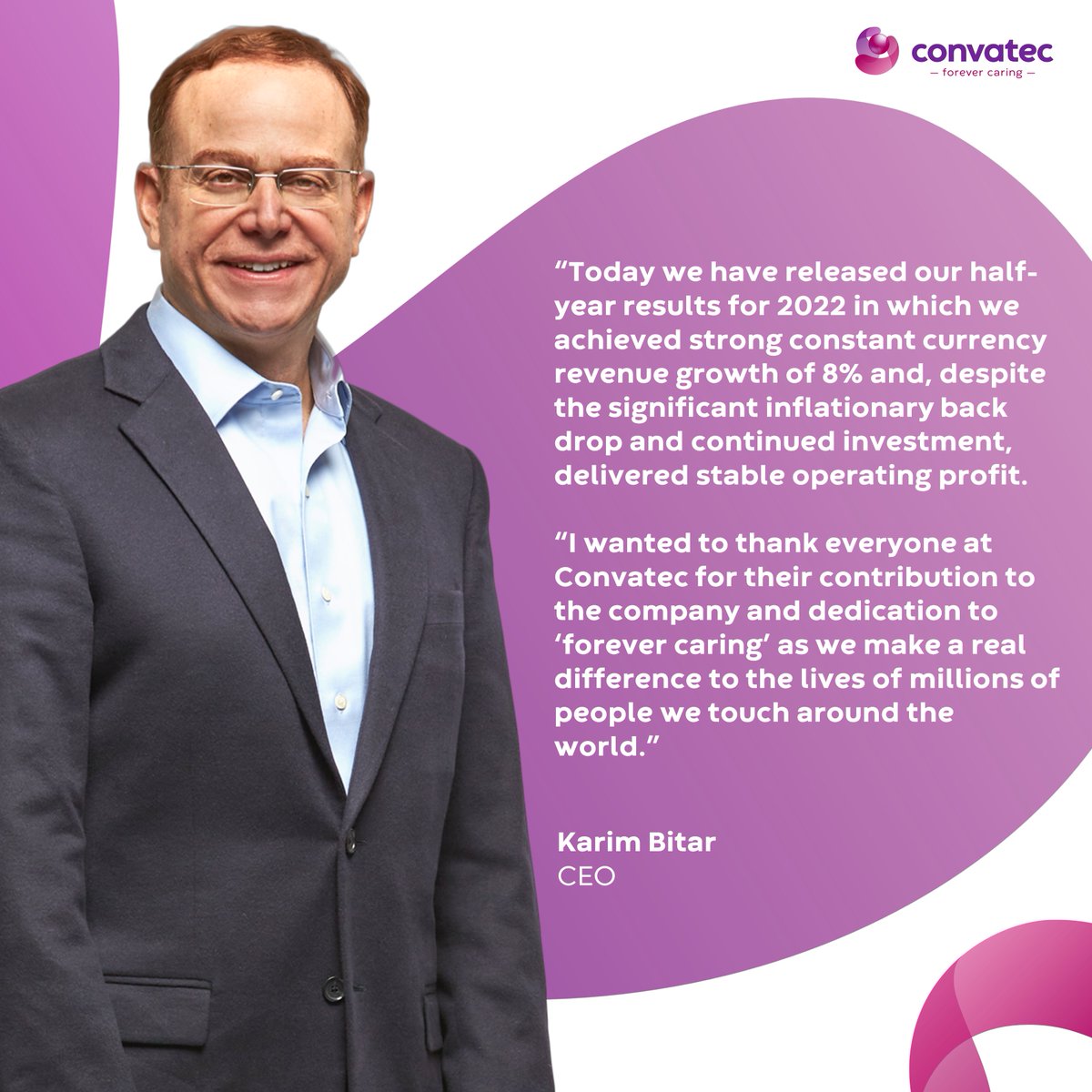 Convatec's tweet photo. Convatec has released its half year results for 2022 achieving strong constant currency revenue growth. Press release available at https://t.co/jPN48hNyz0 and full materials available from our Investor Centre https://t.co/AUZhZrfnVe
#Convatec #ForeverCaring #H1Results https://t.co/1tGBw2jwC9