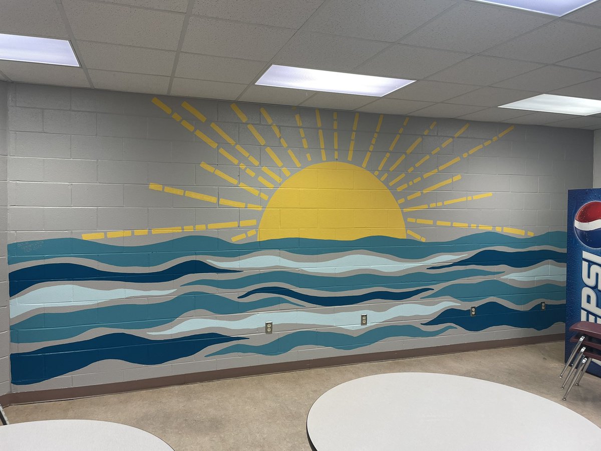 Finally finished my summer mural at school, hoping to brighten up the place! ☀️🌊🧡💙🧡💙 #artteacher #elementaryartteacher #muralart <a href="/KESIndians/">KempsvilleElementary</a>