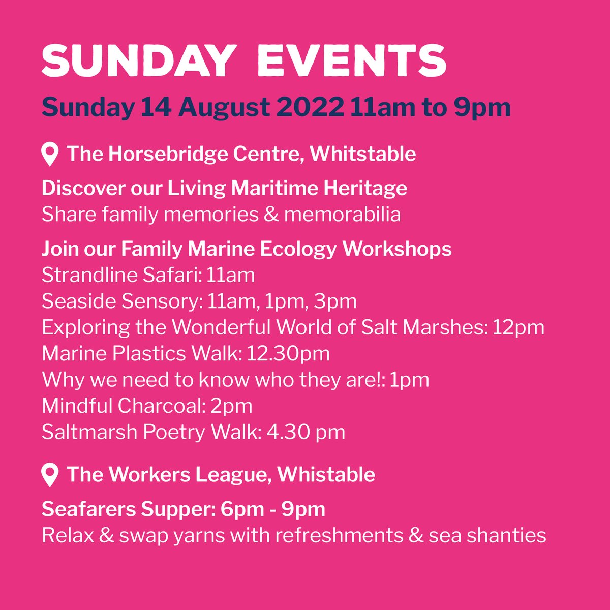 It's getting closer to Sunday 14th August, when FREE family marine ecology activities are coming to @thehorsebridge in collaboration with @WhitstableMari1 and @PloverRovers ! Still places available to book