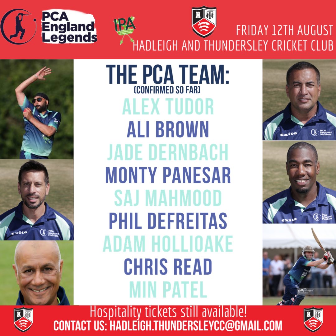 HadleighEssexCC's tweet image. Confirmed team so far for our PCA day!
Some big names in the lineup this year, get your ticket to watch them in action!!🏏🤍🖤❤️

Tickets still available- contact us: hadleigh.thundersleycc@gmail.com

@EssexCCB @EssexLguCricket @WisdenCricket @BBCEssexSport @ThatsSoVillage @PCA