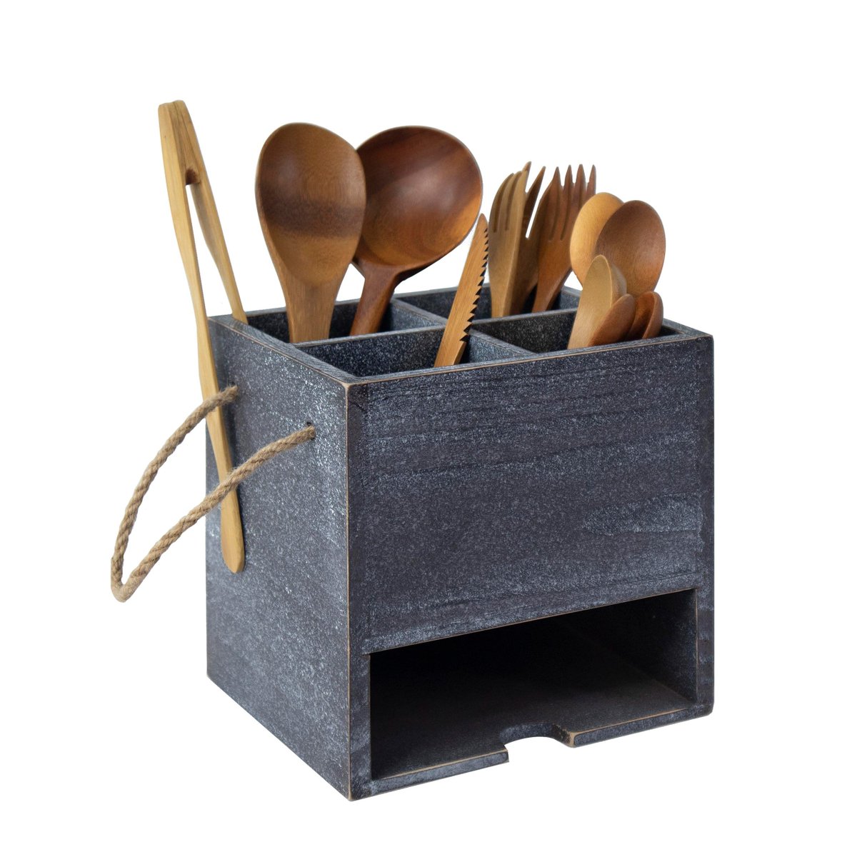 Torched Wood Kitchen Condiment Organizer and Flatware Utensil Cutlery Caddy Great Storage Organiser for Home Decoration nutima.co/products/torch… #madeterra #wood #decor #homedecor