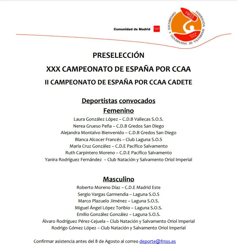 Preselección para el XXX Campeonato de España por CC.AA. 

II Campeonato de España por CC.AA. Cadete

🔥 Importante: Confirmar asistencia antes de mañana día 8 de Agosto al correo: deporte@fmss.es 

#SOSAutonomias22