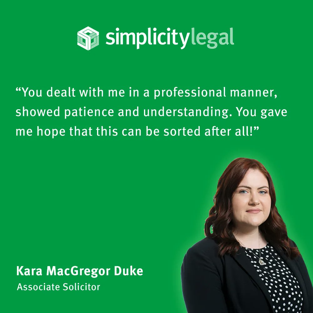 Our latest glowing testimonial from another happy client goes to Kara MacGregor Duke! Congrats Kara ✨

If you want high quality advice from solicitors like Kara then look no further than Simplicity Legal, call us now on 📞0141 433 2626📞 for your first free consultation.