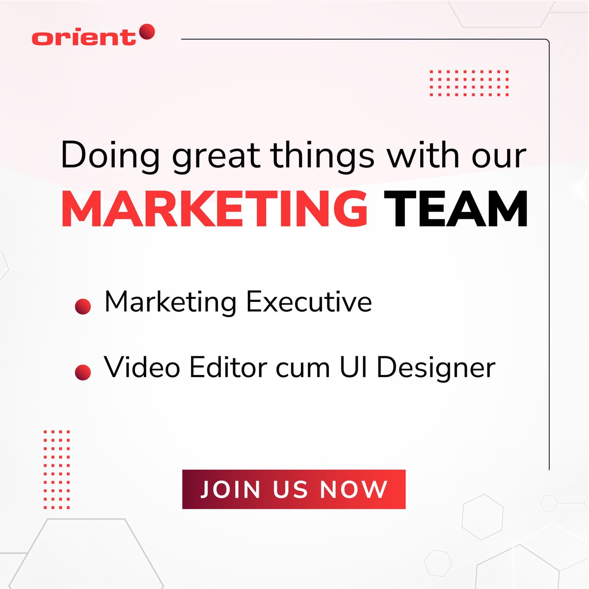 OrientInfo's tweet photo. “Great things in business are never done by one person. They’re done by a team of people.” - Steve Jobs.
So, Orient's Marketing Team needs you. We are currently seeking:
👉Marketing Executive
👉UI/UX Designer cum Video Editor https://t.co/9EcZSE18Pu