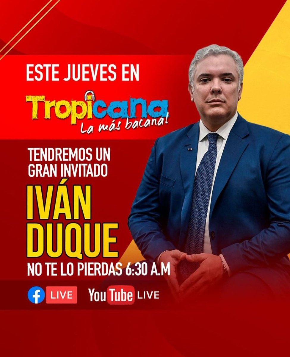 HOY <a href="/IvanDuque/">Iván Duque 🇨🇴</a>, el presidente de Colombia 🇨🇴, estará en vivo en Tropicana Colombia 🎙

Déjanos todas tus opiniones sobre la gestión durante su gobierno y las preguntas que quieras hacerle con el HT #DuqueEnTropicana 📻

¡Los leemos!