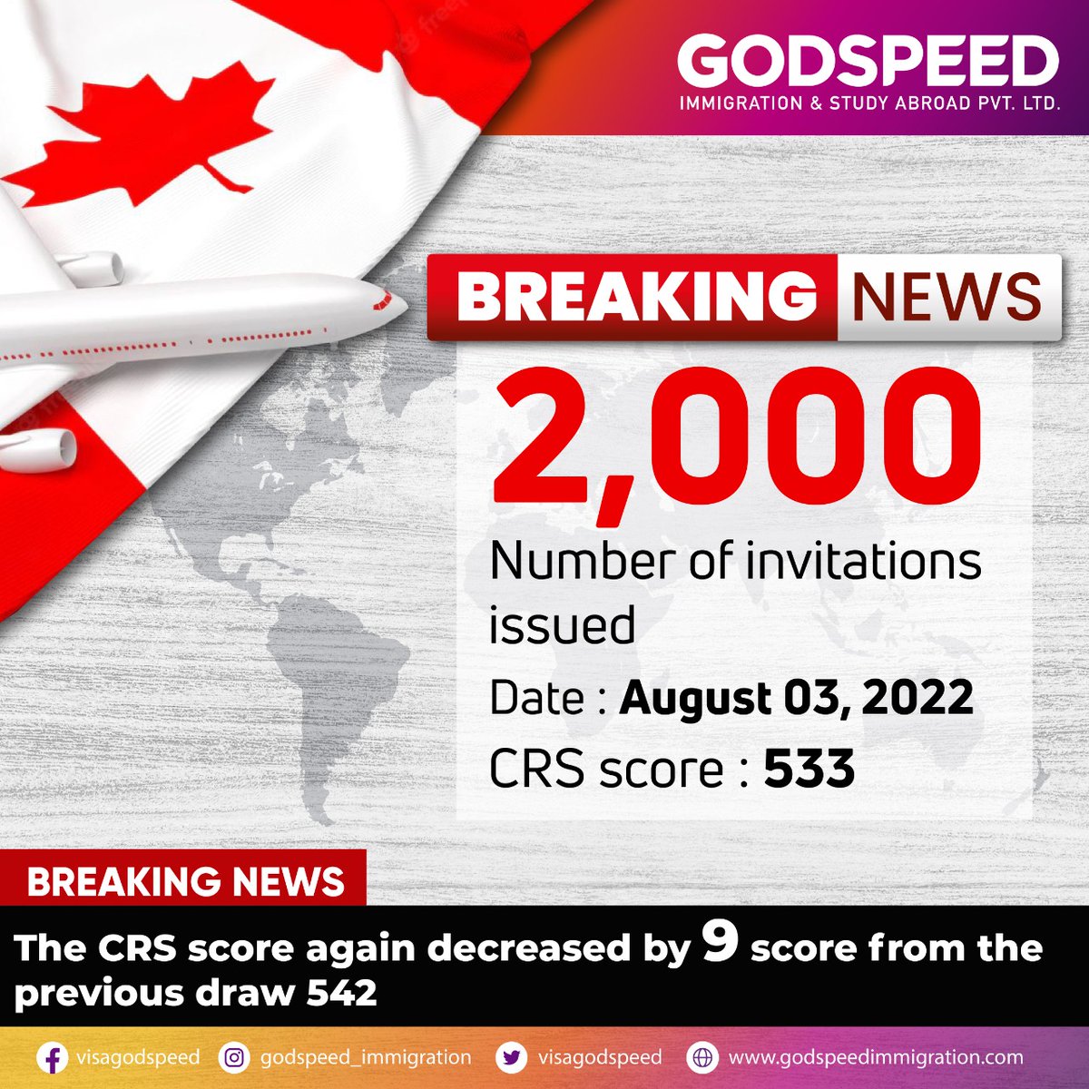 visagodspeed's tweet image. Happy News for Canada PR aspirants :- Latest Canada Express Entry draw invites 2,000 candidates with CRS score 533. The CRS Score again decreased by 9 score from the previous draw 542.
#Expressentrydraw #Canadaexpressentry #canadaexpressentryprogram #godspeedimmigration