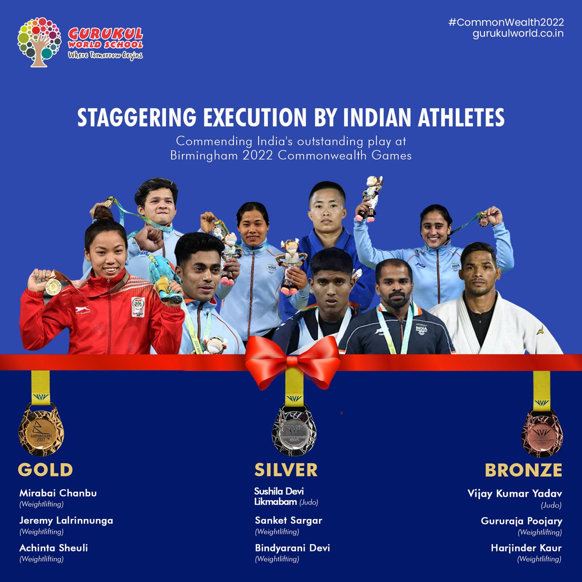 GurukulWorld's tweet photo. Congratulations to the competitors on their outstanding achievements at the Commonwealth Games 2022. Millions of aspiring athletes are being inspired by these idols.

#CommonwealthGames #GurukulWorldSchool #CBSESchoolInMohali #WhereTomorrowBegins #TempleOfLearning #Education https://t.co/zq1TTfqVhk