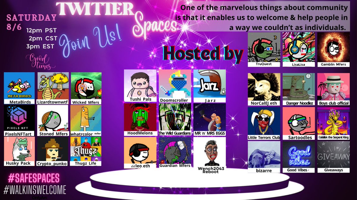 Set UR Reminder <a href="/TruQuest_69/">𝐓𝐫𝐮</a> @GamblinMfers <a href="/meta_birds/">MetaBirds</a> <a href="/lizardtownwtf/">Lizardtownwtf</a> @TushiPals <a href="/kabbalahmonster/">KabbalahMonster</a> <a href="/jarznft/">Jarz</a> <a href="/DangerNoodzNFT/">Danger Noodlez | FREE MINT LIVE!</a> <a href="/Boys_clubNFT/">Boys Club Official 3D 🇬🇧</a> <a href="/TheMuffinMan239/">LOOCH ✨CALASTRI</a> 
<a href="/EbrahimCassim8/">Ebrahim Cassim</a>  <a href="/What_mfer/">ᵐᶠᵉʳ Yep What Crap</a> <a href="/crypto_punko/">Crypto_punko</a> 
<a href="/Crypto4me2/">Crypto4me2</a> <a href="/cal_ej/">NorCalEJ ☮️🐶📸🚀🥾</a> 
<a href="/BaraqFi/">Baraq.Ξth ☁️</a> @LilTerrorsClub <a href="/psylenceEth/">𝗽𝘀𝘆𝗹𝗲𝗻𝗰𝗲.𝗲𝘁𝗵 ⚓°฿₳₴łⱠł₴₭ ON OPENSEA°🐉👇</a>
x.com/i/spaces/1mnxe…