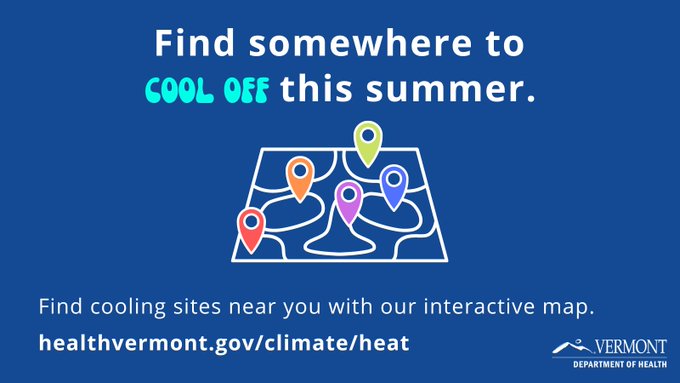 healthvermont's tweet photo. A Heat Advisory has been issued for parts of Vermont today. The heat index could reach 95-100°F in some locations. Find a map of cooling locations and other tips on how to stay safe in the heat at https://t.co/bviI1wml1P. #VTHeatSafety https://t.co/UW4LhwA5Bf