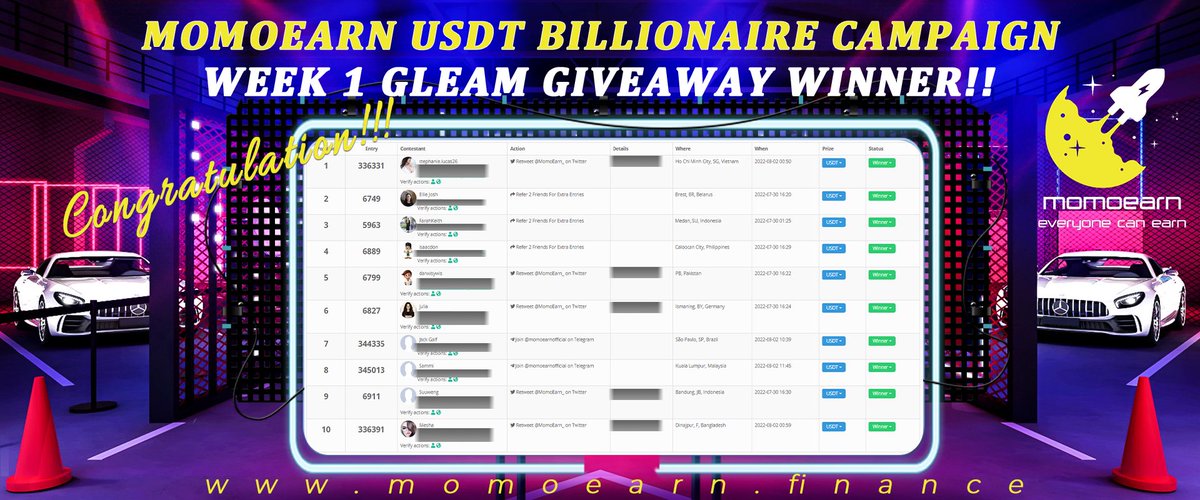 MomoEarn_'s tweet photo. 📣The long awaited list is out📣 

Congratulations to all the lucky winners of our Week 1 Giveaway🎊💰🎉 Our team will contact you soon💪

We still have 9️⃣ more giveaways coming. Do stay tuned for the announcement on our Twitter and Telegram⏰

#momoearn #giveaway #winner #crypto https://t.co/CEpg75jrOI