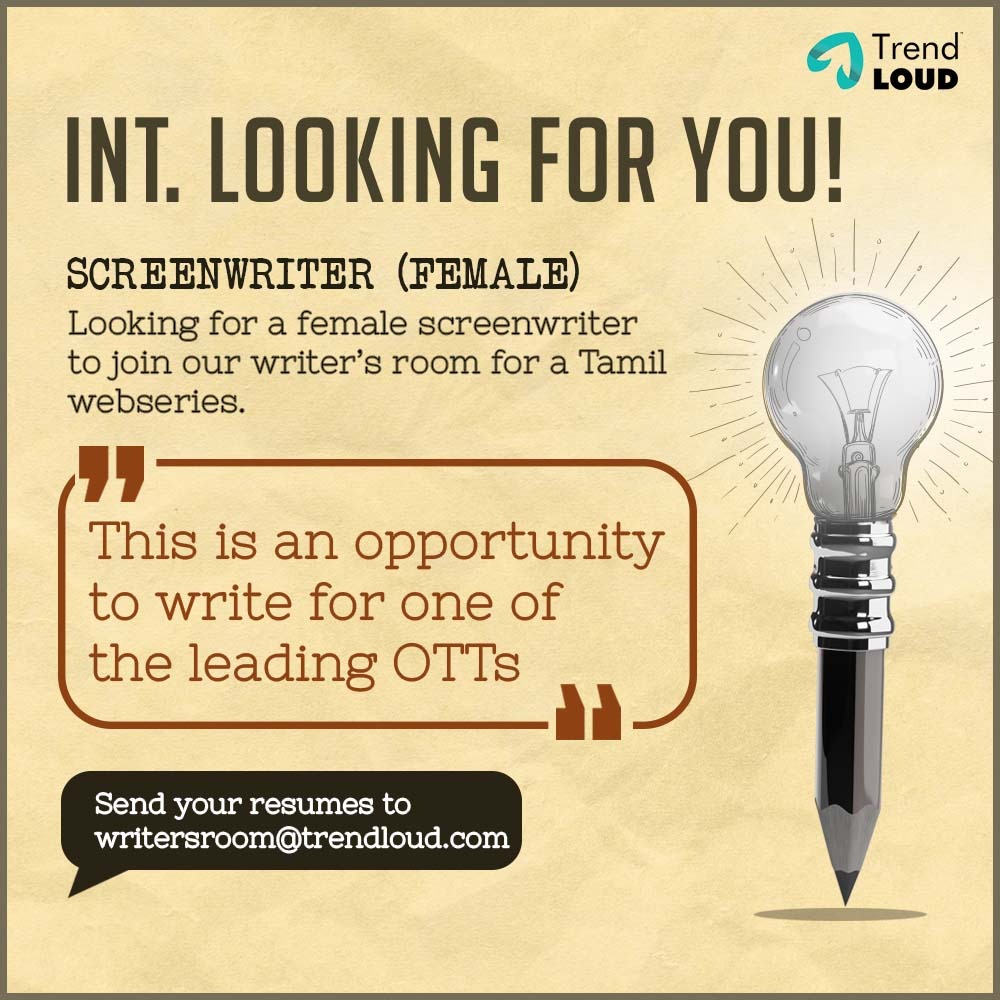 HIRING ALERT🚨 #Chennai We are looking for Female Screenwriters with a minimum experience of 1+ years to join our team. #trendloud #hiring #Hiringchennai #Screenwriter #hiringnow #Jobs #femalescreenwriter