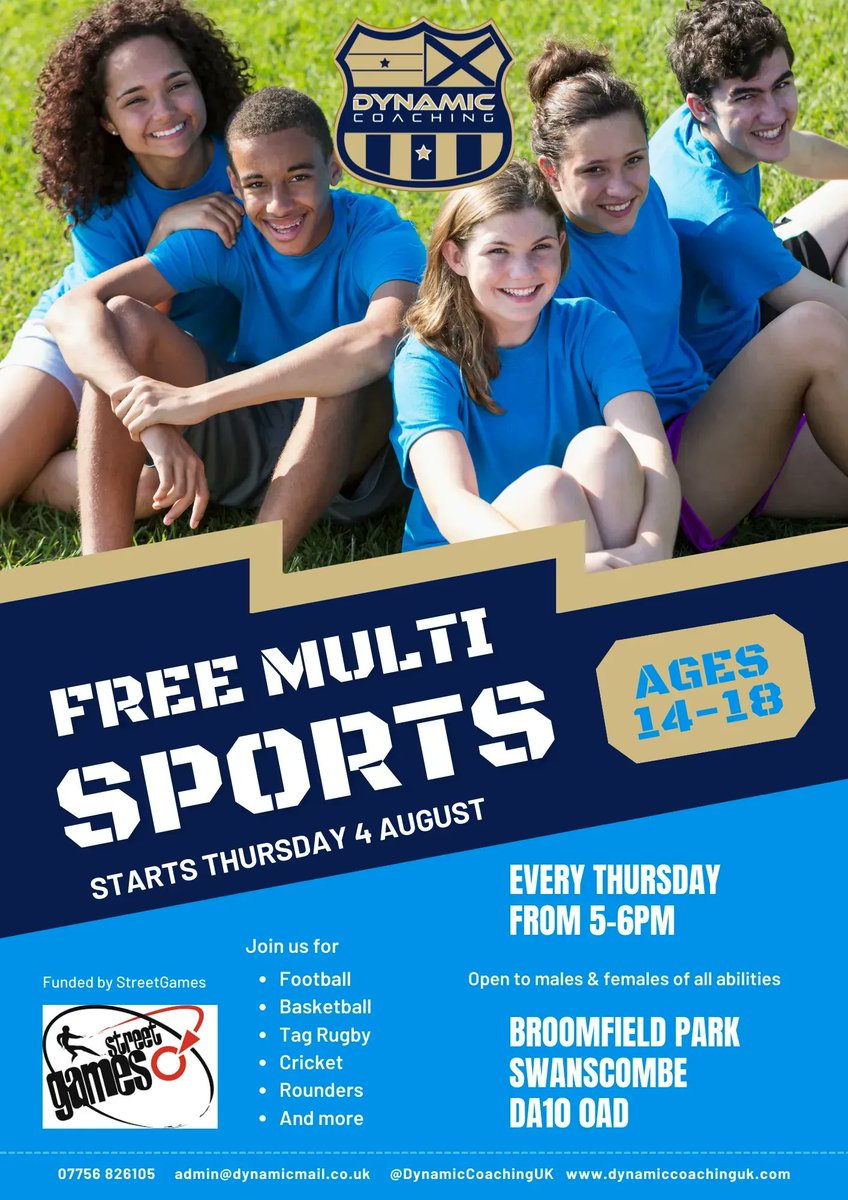 DynamicCoachUK's tweet photo. 🎉 STARTS TODAY 🎉

Aged 14-18? 

Why not join us for free multi sports at Broomfield Park, Swanscombe every Thursday from 5-6pm? Bring your mates, make new ones and have fun while getting active for FREE, all thanks to funding from @streetgamesuk

DM if you have any questions. https://t.co/teREFZy077