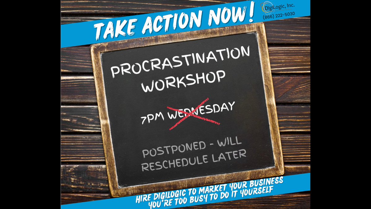 DigiLogicInc's tweet photo. Procrastination Workshop Postponed, lol - Take Action Now!
Hire DigiLogic To Market Your Business - You’re Too Busy To Do It Yourself!

Take The First Step --> https://t.co/6H94p6oZSF
727-387-3535

#digitalmarketing #internetadvertising #socialmediaadvertising #facebookads https://t.co/ENo50VrobI