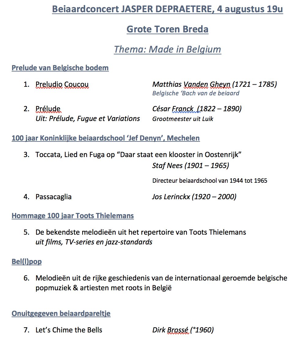 Hier het programma van gastbeiaardier <a href="/JasperDepr/">Jasper Depraetere</a>, vanavond om 19u op de #beiaard van de Grote Toren @Breda met oa muziek van  #TootsThielemans. Kom je luisteren? Goed te horen op het #stadserf maar uiteraard ook op 1 van de gezellige terrassen van de stad!
